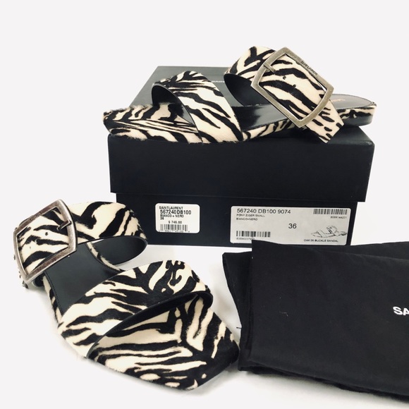 Saint Laurent Oak Zebra Calf-hair Buckle Squared Toe Sandal - Picture 7 of 10